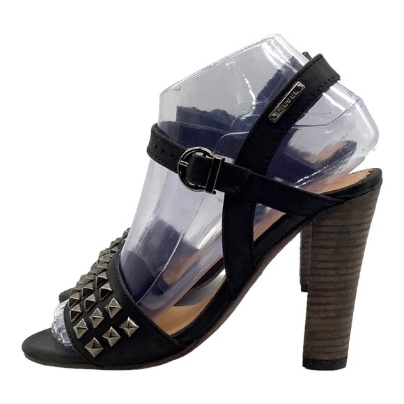 DIESEL 36 Cuir Desir Soleil Studded Sandal Block Heel Black Leather Ankle Strap - Picture 5 of 11